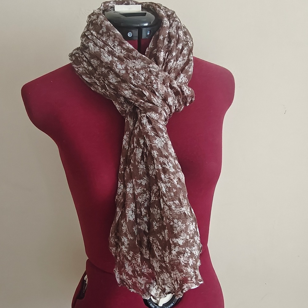 Brown Floral Crinkle Scarf Lightweight White Flower Print Rectangle Cottagecore